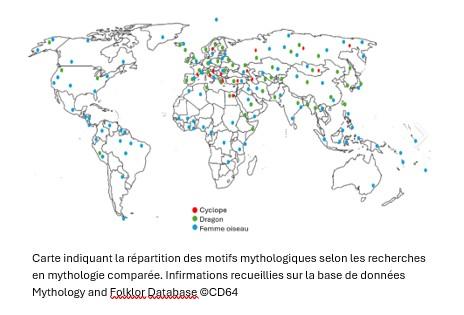 Carte indiquant la répartition des motifs mythologiques selon les recherches en mythologie comparée