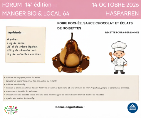 Recette poire pochée, sauce chocolat et éclats de noisette